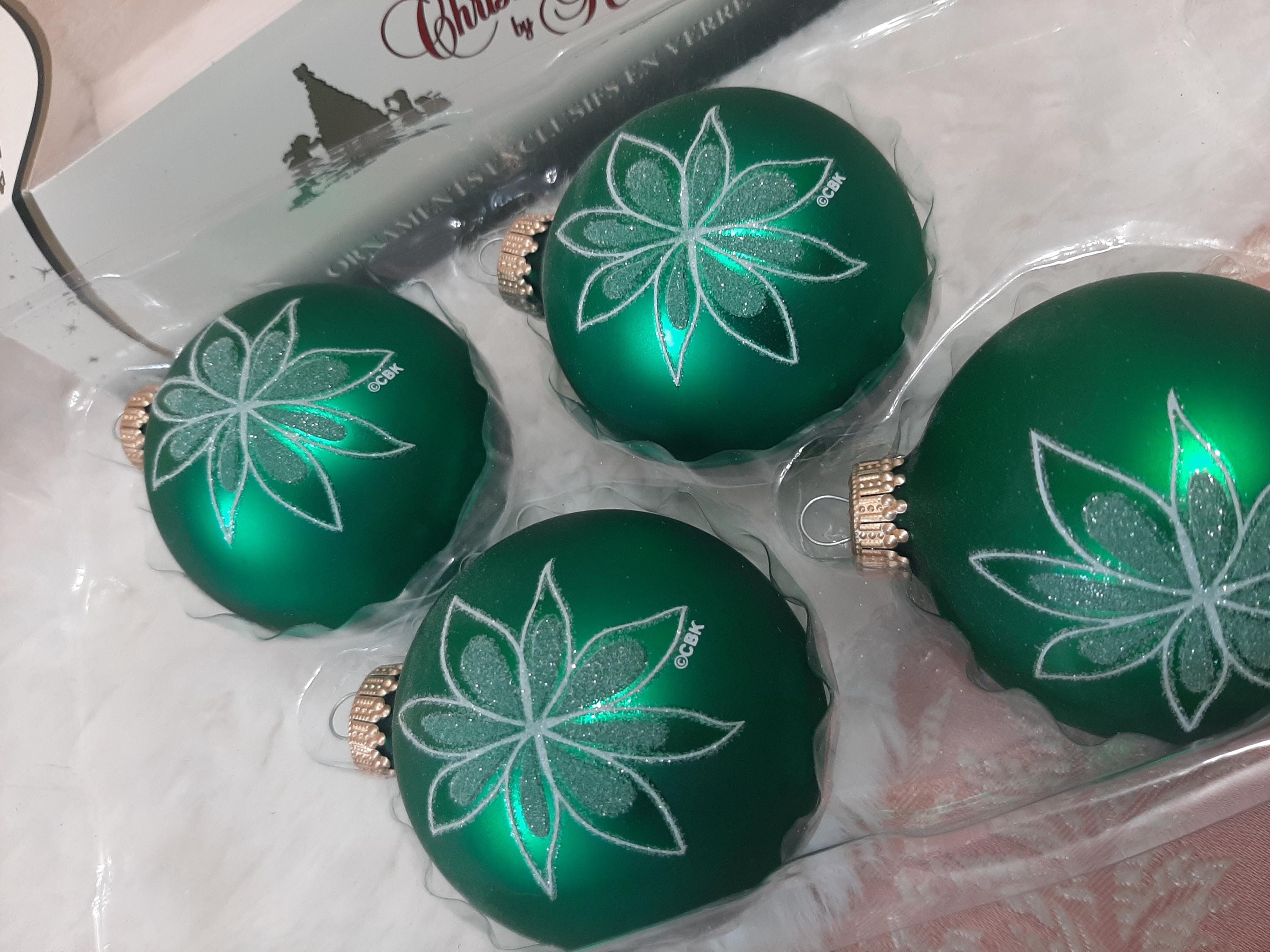 Vintage Christmas by Krebs Green W/ Poinsettia Round Ball Glass