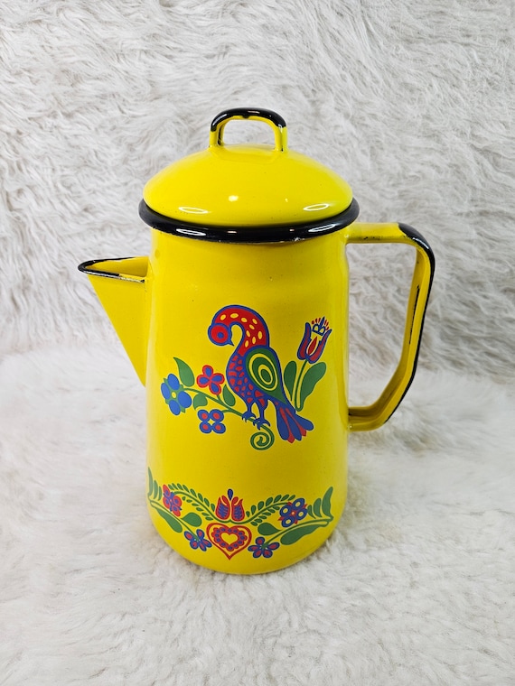 Vintage Circa Enamel Ware Yellow Coffee Pot With Bird Graphics