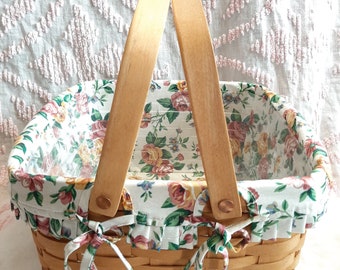 Vintage Longaberger Basket Handwoven With Rose Floral Lining 13