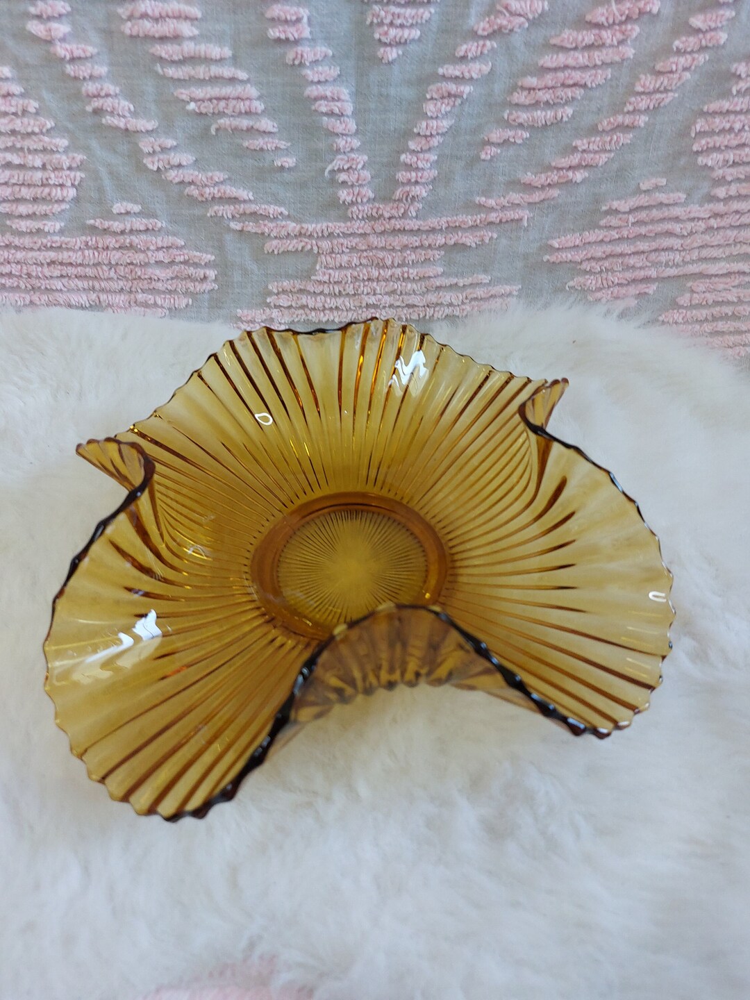 Vintage Mid Century Modern Amber Glass Ripple Wave Shape Fruit Bowl ...