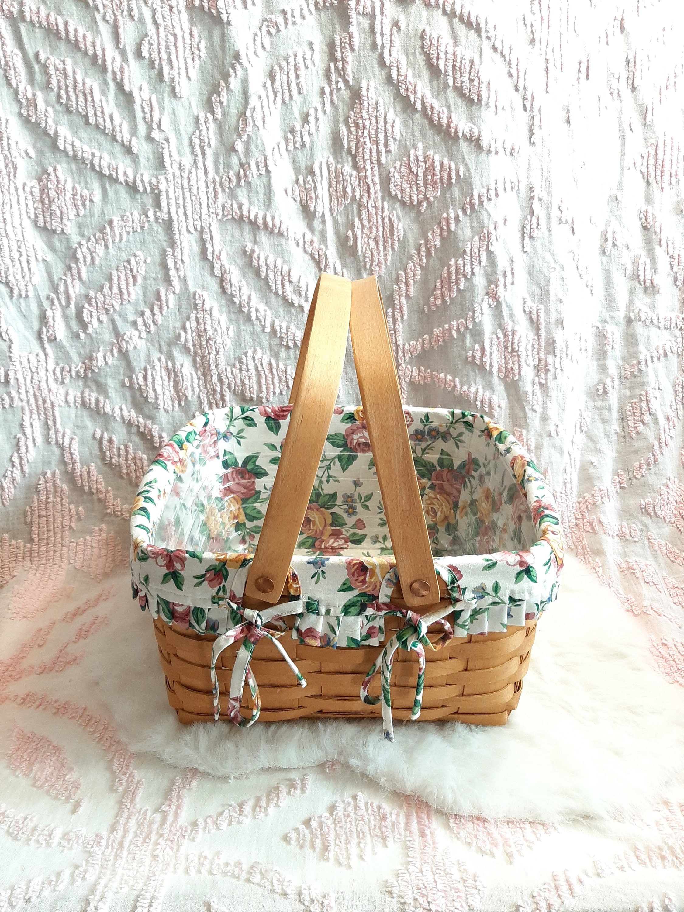 Vintage Longaberger Basket Handwoven With Rose Floral Lining 13
