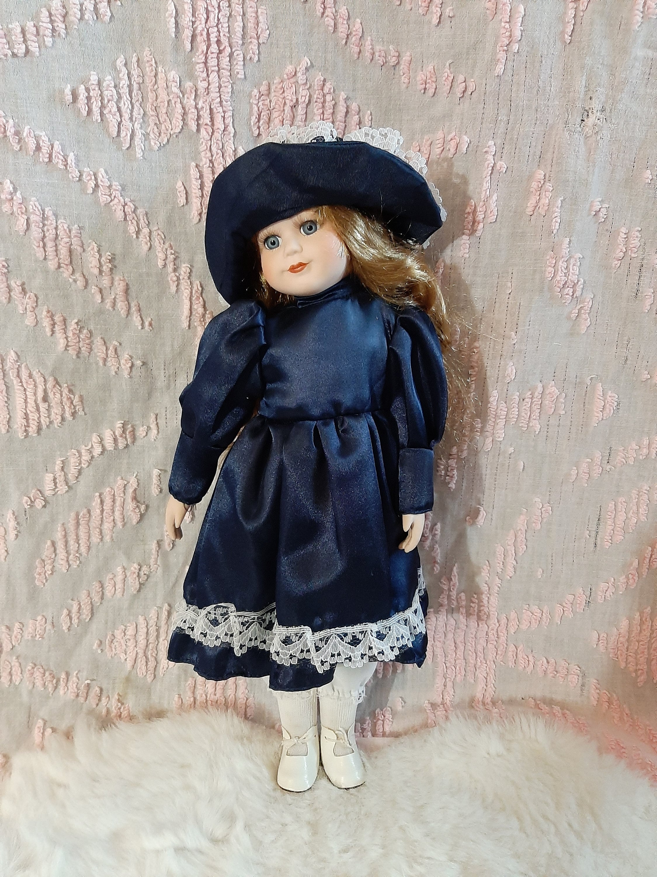 Vintage Porcelain Blue Dress Girl Doll 15