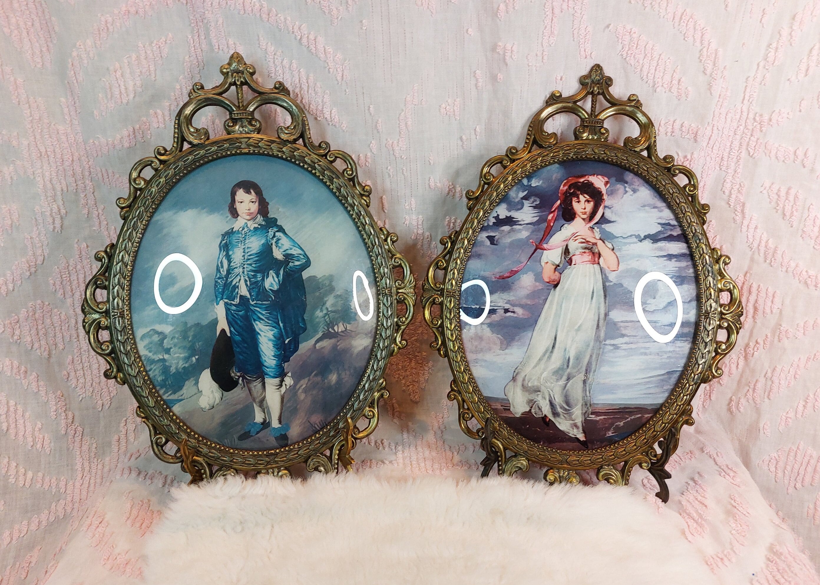 Vintage Mid Century Brass Metal Framed Blue Boy and Pinkie Set of  display picture 1