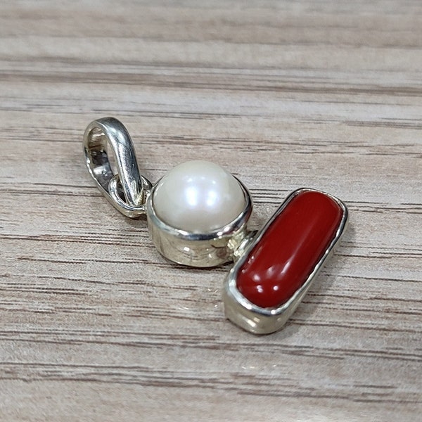 Natural Coral & Pearl Pendant in 925 Sterling Silver, Two Stone Pendant, Astrology Gemstone Pendant For Men and Women,