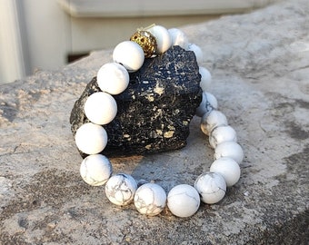 Howlite Bracelet- 100% Natural and Lab Certified AAA Quality Grade 8mm and 10mm Round Bead White Howlite Bracelet