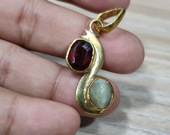 Hessonite Garnet And Cat's Eye Pendant with Panchdhatu Metal, Gemstone pendant, Natural Hessonite Garnet pendant, Natural Cat's Eye pendant
