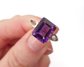 Amethyst Ring, Natural and Certified Emerald Cut 4 to 12 Carat Purple Amethyst Ring in Silver, February Birthstone Ring