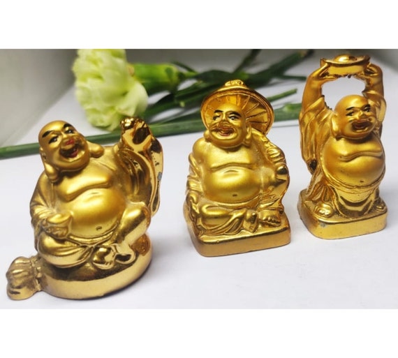Beautiful Pack of 3 Golden Happy Buddha Statue, Golden Buddha
