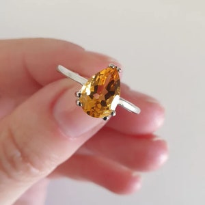 Natural Citrine Ring, Pear Cut 3 to 8 Carat Citrine Ring in Silver with Double Prong, Teardrop Citrine Ring, Birthstone Ring