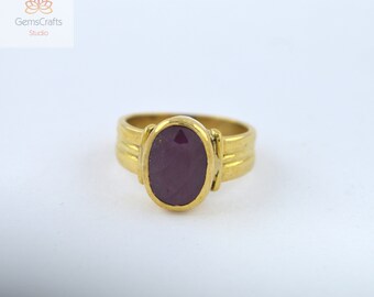 Real Ruby Ring, Natural Top Quality Oval Red Ruby Gemstone Ring, Yellow Gold Plated Ring