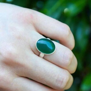 Green Onyx Ring- Natural and Certified Green Colored Oval Cut 7 or 8 Carat Green Onyx Ring in 925 Sterling Silver