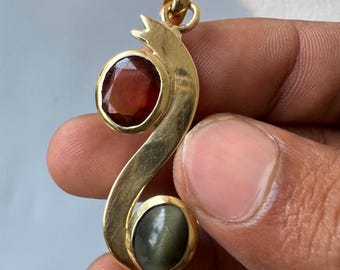 Hessonite Garnet And Cat's Eye Pendant with Panchdhatu Metal, Gemstone Necklace, Natural Hessonite Garnet pendant, Natural Cat's Eye pendant