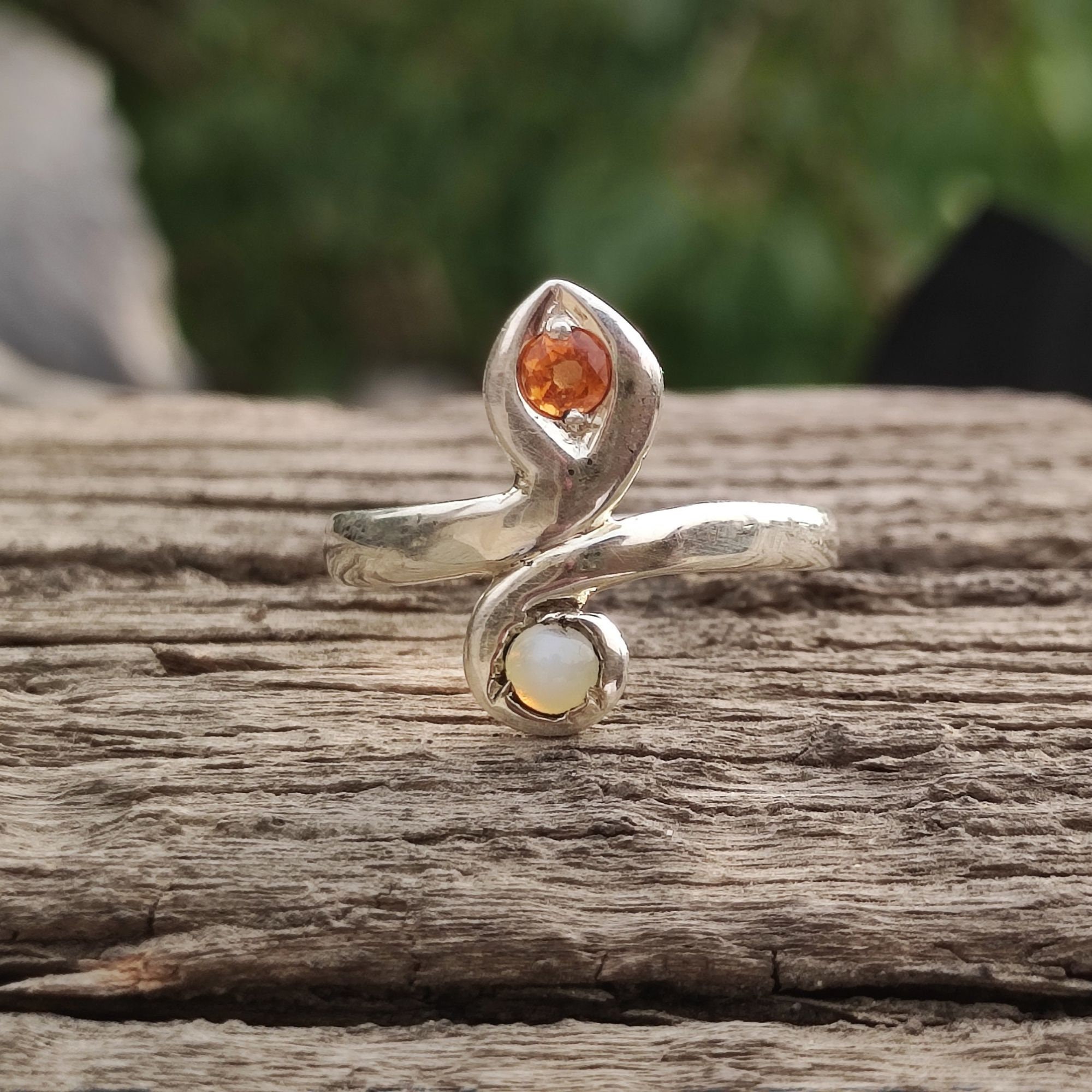 Snake Ring With Natural Hessonite Garnet and Cat's Eye,