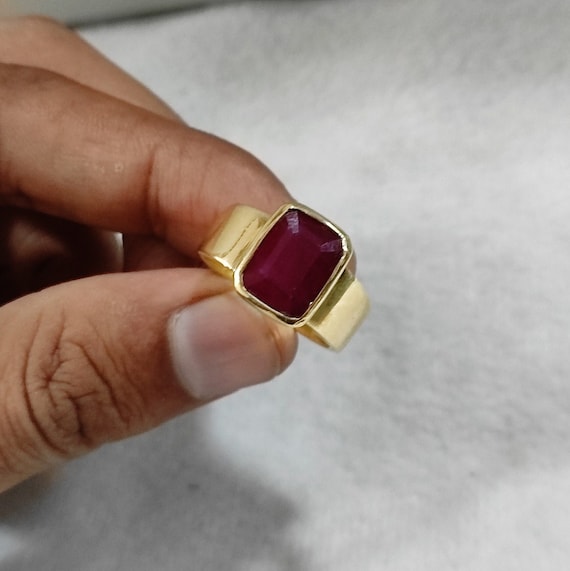 Natural Ruby Ring Certified Emerald Cut 3 to 9 Carat Ruby Manik Ring in Panchdhatu for Men Astrology Ring July Birthstone Ring