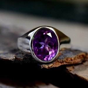 Oval Amethyst Silver Ring- Handmade Purple Amethyst Ring- Gemstone Unisex Natural Amethyst Jewellery- Amethyst Quartz Ring