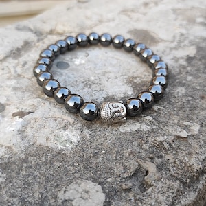 ヘマタイトブレスレット - AAA+グレードの天然および認定8 mmから10 mmの丸型ビーズヘマタイトブレスレット、調節可能なクリスタルブレスレット