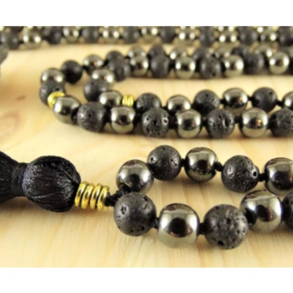 Natural Lava Stone & Hematite Mala Necklace 108 Mala Beads Knotted Necklace Meditation Necklaces Long Men's Jewelry Gift For Men