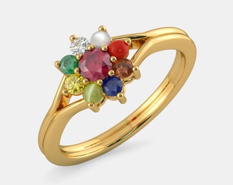 Anillo de nueve piedras preciosas, anillo navratna natural y certificado, centro de 3 mm y piedra lateral de 2,5 mm corte redondo anillo original de 9 piedras preciosas en Panchdhatu