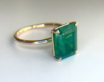 Emerald Ring, Natural and Certified Emerald Cut 2, 3 ,4 Carat Zambian Emerald/ Panna Ring in Alloy (Panchdhatu), May Birthstone Ring