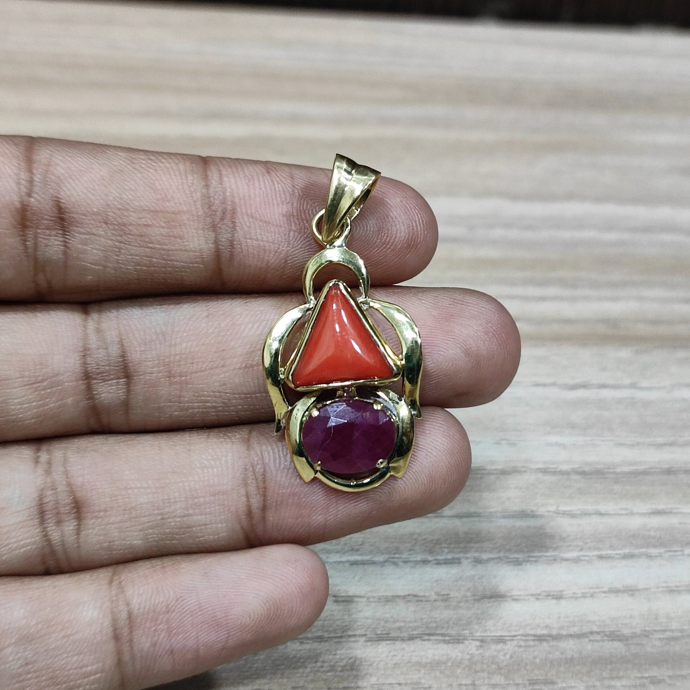 Coral and Ruby Pendant- Triangle Coral/monga 5.25 Carat and Oval