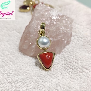 Natural Italian coral (Moonga) and white Pearl Pendant, Gemstone Pendant, Astrology Pendant