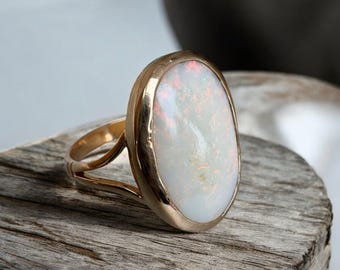 Natural Fire Opal Ring, Original Australian Oval Cut Handmade Fire Opal Ring in Panchdhatu, Stacking Ring, October Birthstone, Gift for her