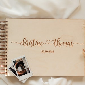 Guest book wedding personalized wooden cover engraving A4 with questions, wishes and extra pages Polaroid Instax pictures memory maid of honor