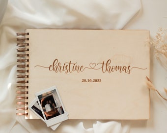 Gästebuch Hochzeit Personalisiert Holzeinband Gravur A4 mit Fragen, Wünschen und Extraseiten Polaroid Instax Bilder Erinnerung Trauzeugin