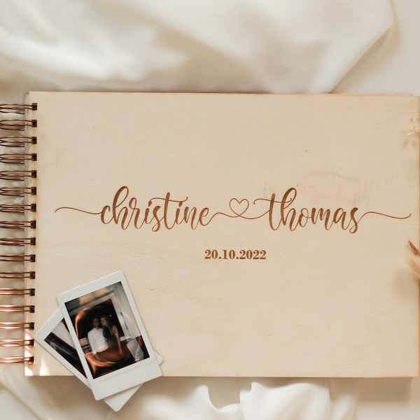 Gästebuch Hochzeit Personalisiert Holzeinband Gravur A4 mit Fragen, Wünschen und Extraseiten Polaroid Instax Bilder Erinnerung Trauzeugin