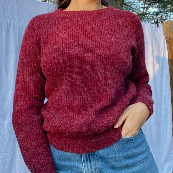 Mid Century Maroon Sweater Furry Knit 1960s Style Minimalist Jumper Stoneham Sportswear Virgin Acrylic Sweater