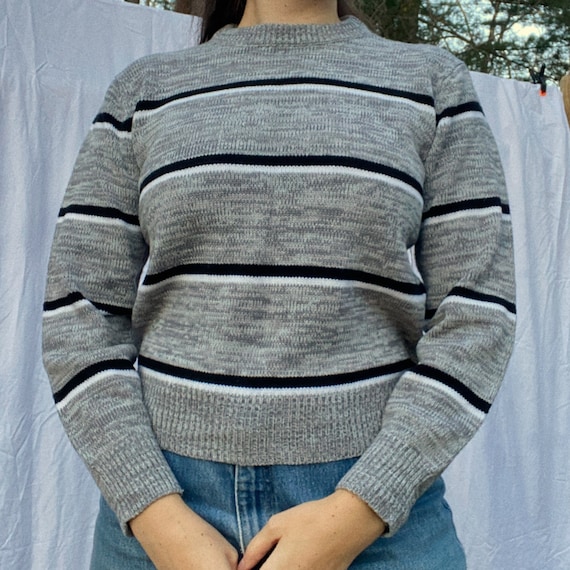 60s Vintage Sweater Striped Gray Black Knitwear A… - image 2