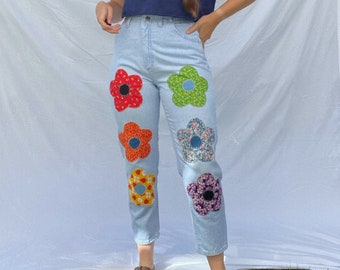 Mom Jeans Upcycled with Flower Patchwork Retro Inspired Patchwork Denim High Rise Light Wash Jeans Floral Rainbow Patches