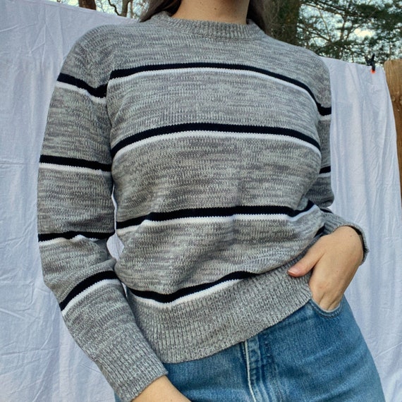 60s Vintage Sweater Striped Gray Black Knitwear A… - image 1