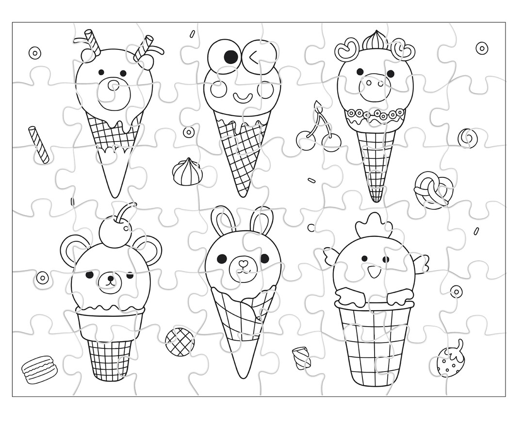 Kawaii Ice Cream Cone Animals Color Your Own 48 Piece Jigsaw Etsy