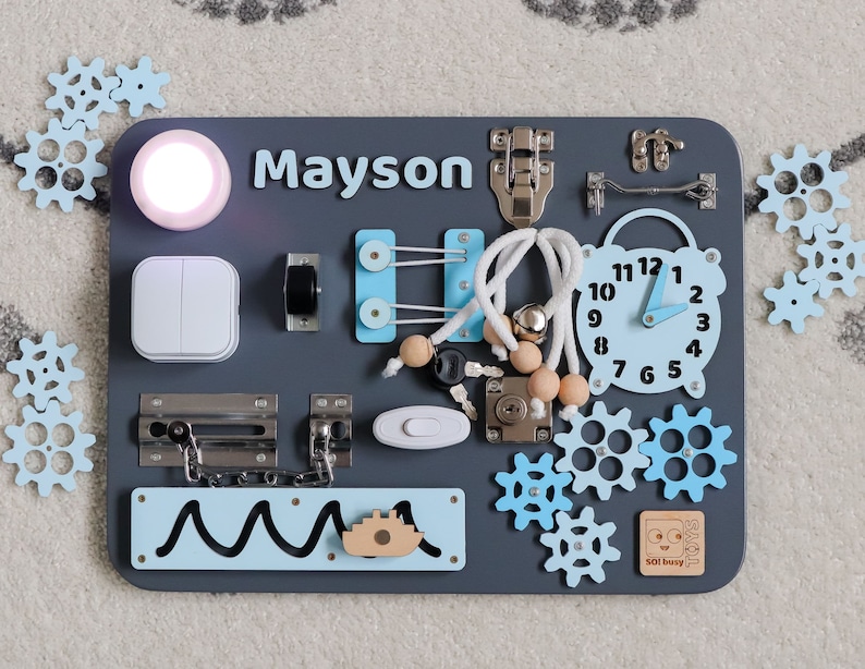 Personal Busy Board Latch Montessori Busy Board with lights Waldorf wooden toy Early development Toddler gift with locks Baby Sensory board
