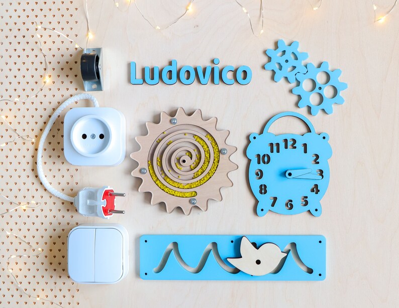 Personalized wooden SET 8 elements for Busy board DIY Parts Elements Wooden Gears Name Clock labyrinth maze Light switch Socket Rosette Plug