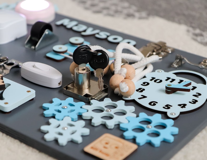Personal Busy Board Latch Montessori Busy Board with lights Waldorf wooden toy Early development Toddler gift with locks Baby Sensory board