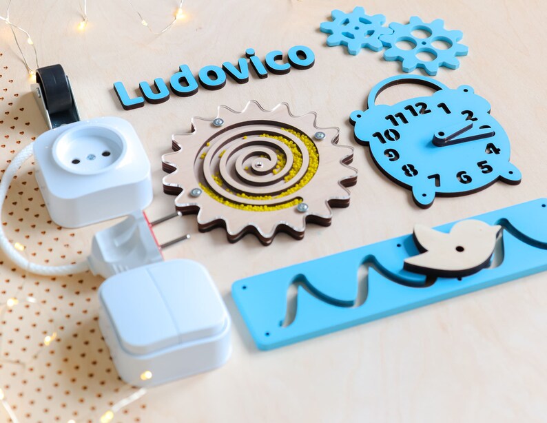 Personalized wooden SET 8 elements for Busy board DIY Parts Elements Wooden Gears Name Clock labyrinth maze Light switch Socket Rosette Plug