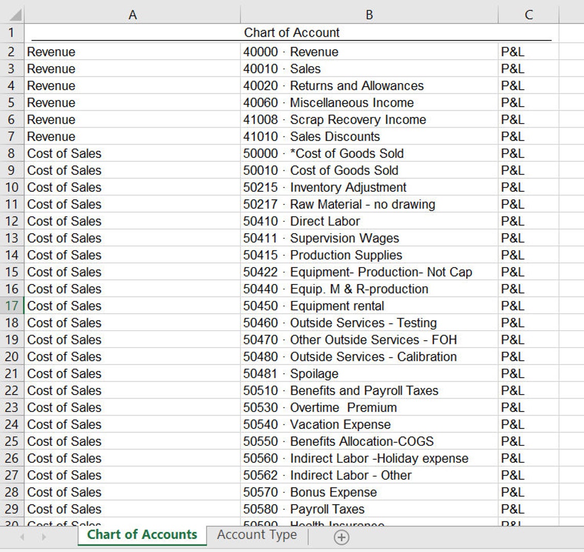 Chart of Accounts - Digital Download - Compatible With Google Sheets ...