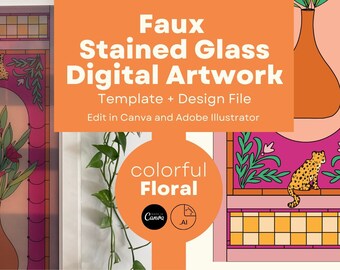 Colorful Floral Faux Stained Glass Digital Art File and Template - (Digital Download, Adobe Ai File & Canva Template, 14.5" W x 42" H)