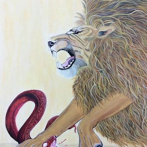 May include: A painting of a lion with a large mane, roaring and attacking a red snake. The lion's claws are digging into the ground, and the snake's head is open in a scream. The background is a light yellow.