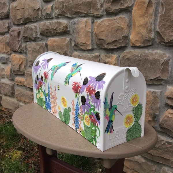 Hand painted mailbox, Medium mailbox,  Wildflowers, Hummingbirds, Floral, Artistic, Unique designs, Sample, Custom Designs