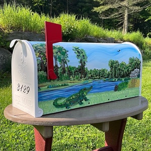 Hand painted mailbox, Medium mailbox, Alligator, Lakescape, Lakeside, Artistic, Unique designs, Sample, Custom Designs