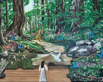 May include: A painting depicting a woman standing in a forest with a lion on one side and a dove on the other. The painting is divided into two sections by a wooden plank with a bible verse written on it. The verse reads "And after you have suffered for a little while, the God of all grace who called you to his eternal glory in Christ will himself restore, confirm, strengthen and establish you. 1 Peter 5-10"
