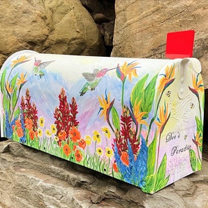 Hand painted mailbox, Medium mailbox,  Wildflowers, Hummingbirds, Floral, Tropical, Artistic, Unique designs, Sample, Custom Designs