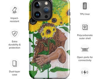 May include: A white phone case with a colorful illustration of a woman standing in a field of sunflowers. The case is compatible with wireless charging.