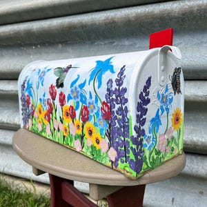 Hand painted mailbox, Large mailbox, Wildflowers, Hummingbirds, Floral, Artistic, Unique designs, Sample, Custom Designs