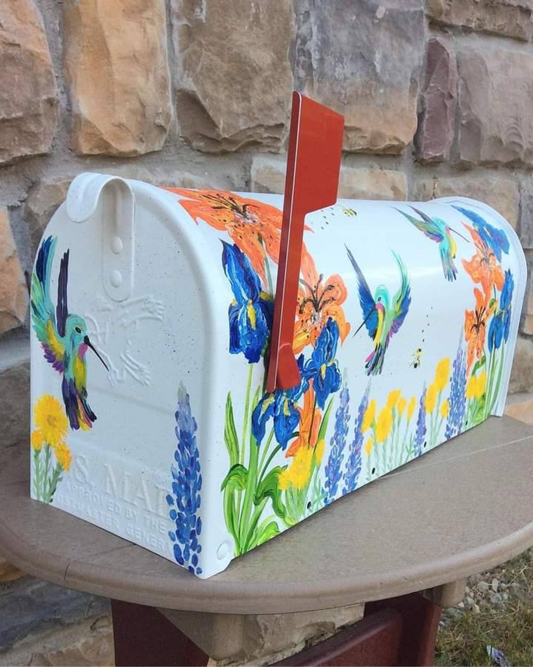 Hand Painted Mailbox, Medium Mailbox, Wildflowers, Hummingbirds, Floral