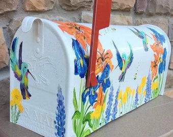 Hand painted mailbox, Medium Mailbox,  Wildflowers, Hummingbirds, Floral, Artistic, Unique designs, Sample, Custom Designs