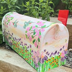 Hand painted mailbox, Medium Mailbox, Wildflowers, Hummingbirds, Floral, Artistic, Unique designs, Bumblebees, Sample, Custom Designs